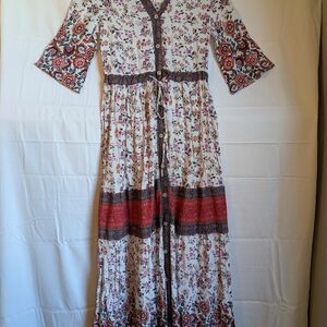 Floral Viscose Button Top Maxi Dress W/Tassles Peasant Chore Prariecore SzM Boho